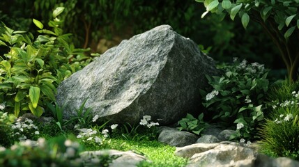 A Large Boulder Resting in a Lush Green Forest