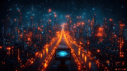 Fototapeta premium Neon Cityscape at Night: Futuristic Highway Leading to a Glowing Metropolis Under a Starry Sky