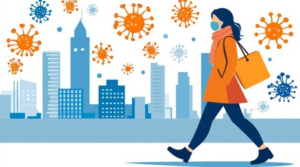 Woman in Face Mask Walking Through Cityscape Surrounded by Illustrations of Viruses and Protective Measures