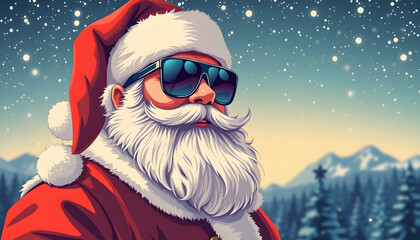 santa wearing sunglasses portrait on snowing sky background, vintage retro style illustration print, with copy text space, pixel art, with white tones