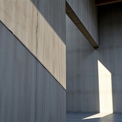 Fototapeta premium concrete architecture, geometric shadows, minimalist design, angular forms, sunlight and shadow play, brutalist aesthetic, textured walls, clean lines, monochromatic palette, abstract composition, arc