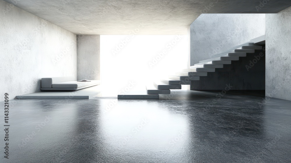 Aufkleber a minimalist interior space with a staircase and a large window, emphasizing light and simplicity.