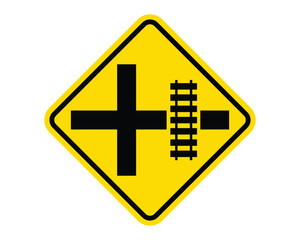 Highway-Rail Crossing on Side Road to Right Warning Sign Vector Indicating Railroad Tracks on Adjacent Roadway, Perfect for Road Safety and Traffic Management, High-Quality Vector Stock Image