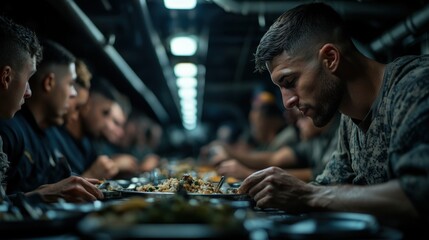 A group of service members gathered around a long table, sharing a meal in a low-lit military mess hall, depicting camaraderie and togetherness amidst challenging times.