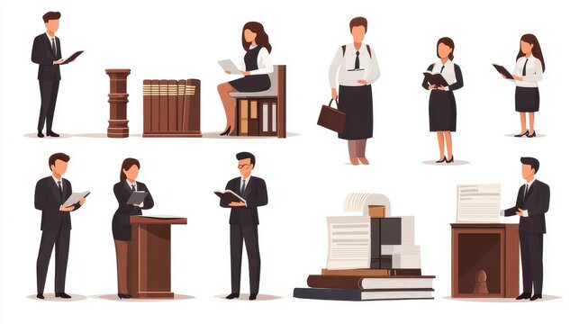Law firm isolated cartoon vector illustrations set. Paralegal specialist prepare documents, professional lawyer reading law changes, provide legal advice to business, notary service vector cartoon.
