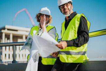 Two architects in safety vests and helmets reviewing building plans on a bright day at a...