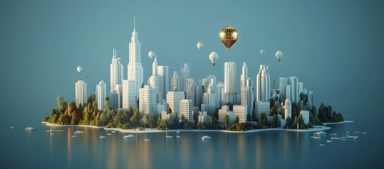 Idyllic island city skyline with hot air balloons.
