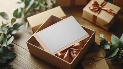  Mockup of a blank card in a gift box, shop, business, or thank you card for design presentations