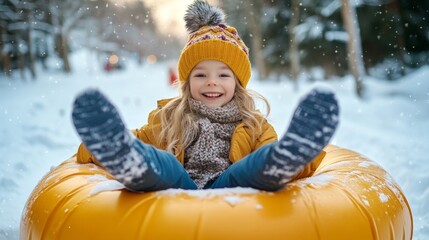 Happy smiling child with blond hair wearing winter hat with pompom sliding down snowy mountain on bright inflatable tube enjoying winter adventure against city park backdrop