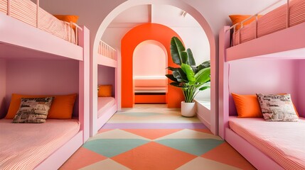 Playful hostel common space with colorful bunk beds, geometric rugs, large comfy pillows, plants, and travel-inspired decorations