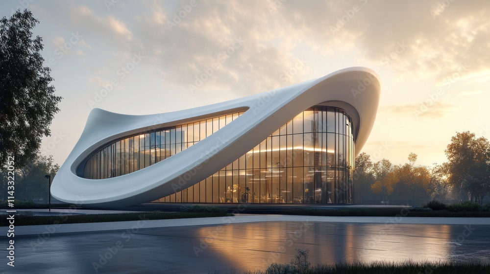 Poster a modern architectural building with a unique design, surrounded by greenery at sunset.