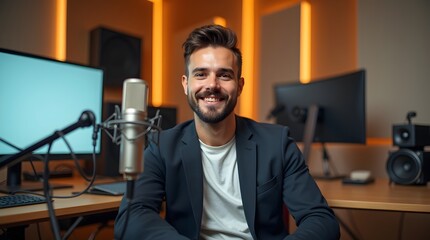 Professional Podcaster in Modern Studio with Dynamic Lighting, Microphone, and Sleek Interior Setup

