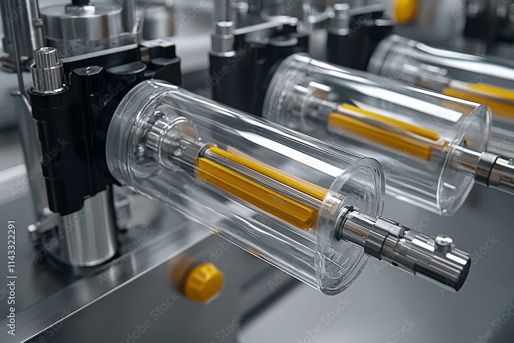 Poster industrial machinery in operation showcasing transparent tubes and automated processes in a modern m