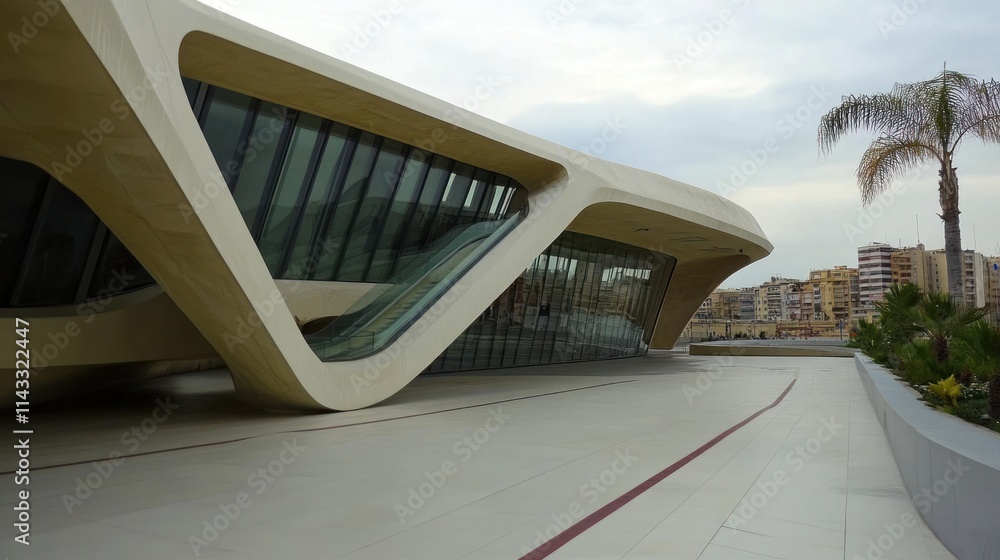 Poster a modern architectural structure showcasing sleek lines and large glass panels.