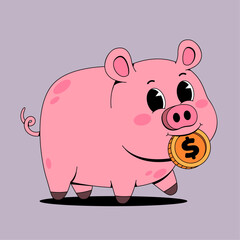 Cute pig bitting dollar coin