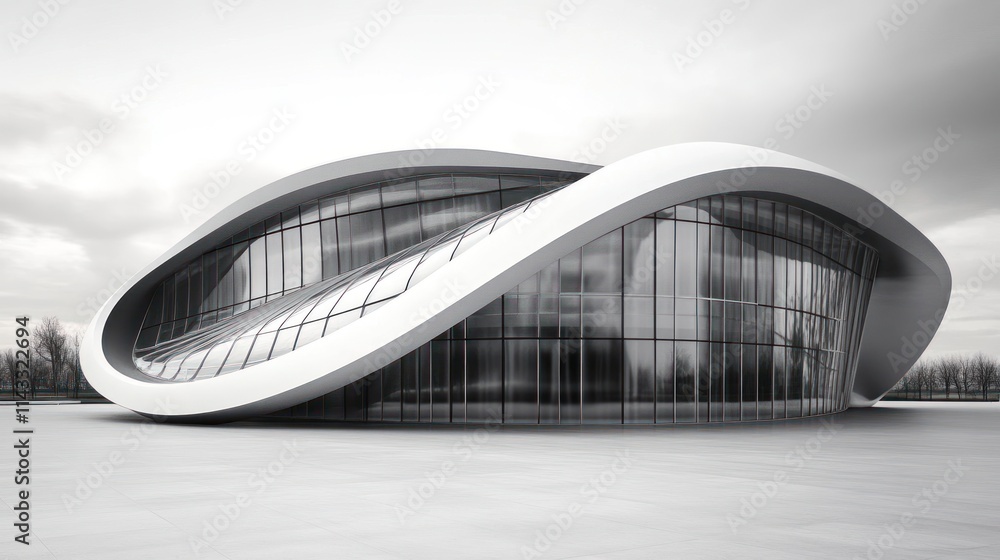 Aufkleber A modern architectural structure with flowing lines and large glass windows.