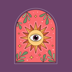 Cartoon sun with eye and green leaves badge