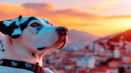 A majestic dog observing a breathtaking sunset over the city, symbolizing loyalty and companionship while capturing the beauty of nature's colors and silhouettes.