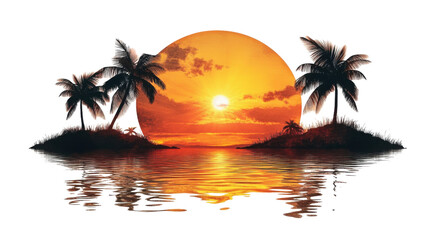 Fototapeta premium Sunset above the sea on a tropical beach with palm trees transparent background