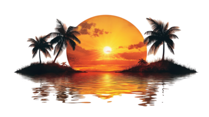 Sunset above the sea on a tropical beach with palm trees transparent background