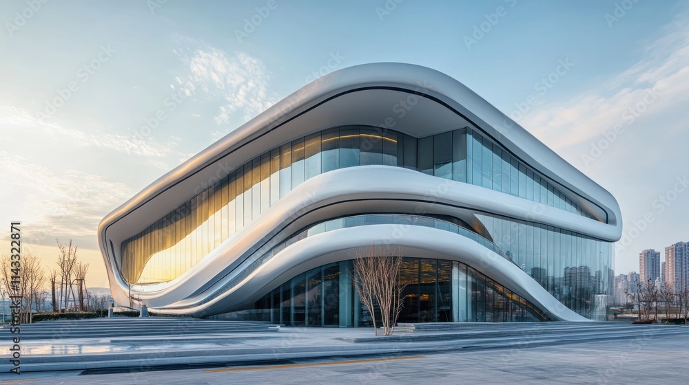 Aufkleber A modern architectural structure with flowing lines and large glass windows.