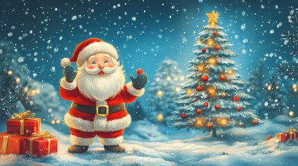 Childish drawing of Chrismas Holydays with Santa Claus and chrismas tree