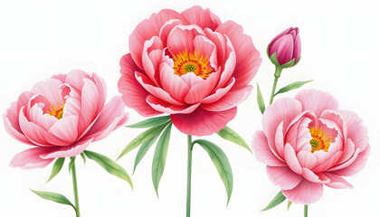 Obraz premium Set of peonies flowers on an isolated white background, watercolor peony illustration, botanical painting