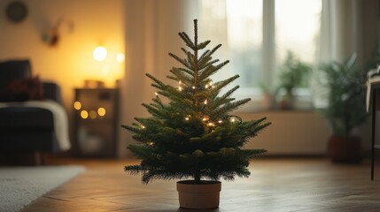 Fototapeta premium Undecorated Natural Christmas Tree in Warmly Lit Living Room Dreamy Background.