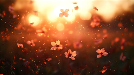 Falling flowers at sunset scene