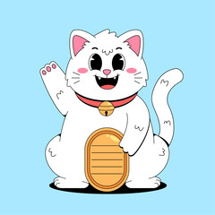 Cartoon cute white cat with gold