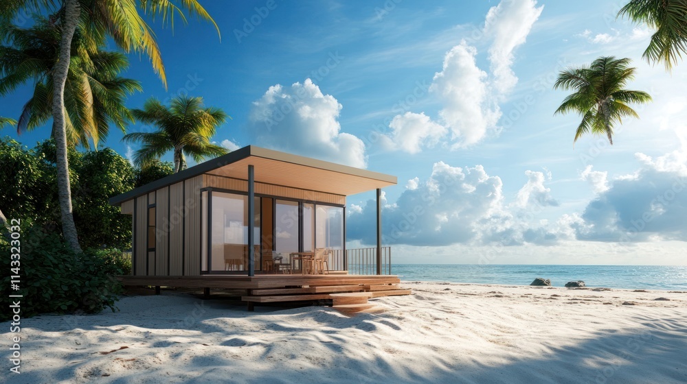 Poster a modern beach house on a sandy shore surrounded by palm trees and a serene ocean view.