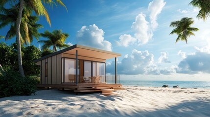 A modern beach house on a sandy shore surrounded by palm trees and a serene ocean view.