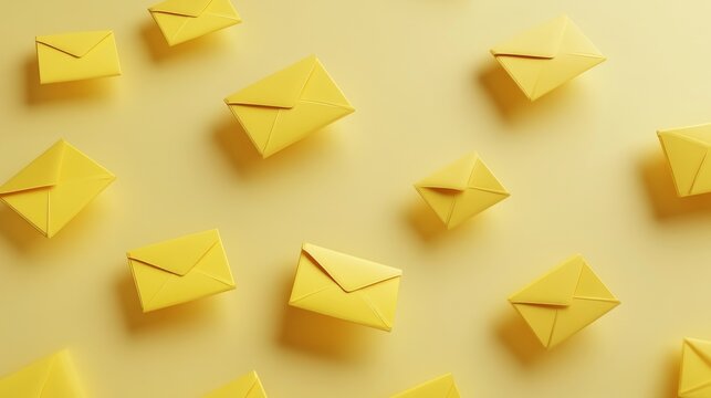 5.Cartoonish 3D icons of yellow envelopes in various mail activities, including sending mail, receiving an email notification, and displaying a document, with a cheerful, modern color scheme and a