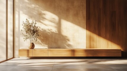 Minimalist interior design with wooden wall panels and a long wooden cabinet in a sunlit room.