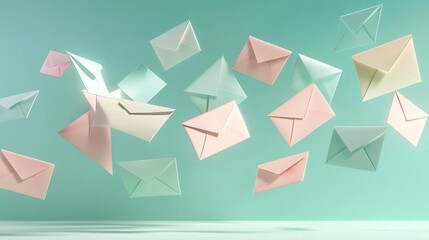 13.A cascade of three-dimensional envelopes in various pastel shades, set against a gentle green background, with a soft shadow effect and light reflections, giving the impression of floating letters