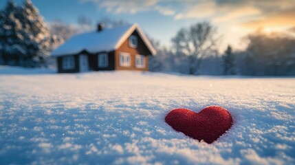 Fototapeta premium Snow blankets a quaint house with a vibrant red heart imprinted in the foreground.