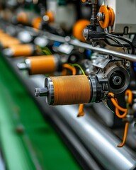Fototapeta premium Industrial machinery with orange coils in a manufacturing facility during daytime automation processes