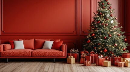 Obraz premium Empty solid colored wall in a christmas decorated living room. Christmas tree and gifts boxes. AI generated