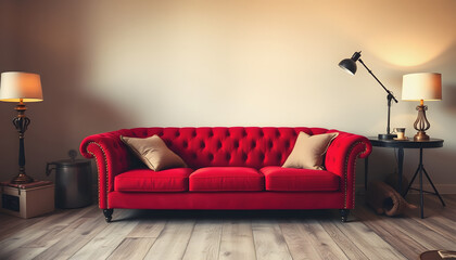 Red sofa couch in vintage room with lamps, studio lighting, with white tones