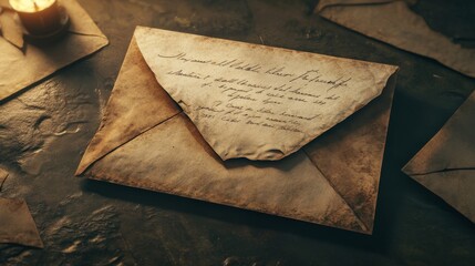 22.A 3D close-up illustration of an aged envelope, slightly open with an old-fashioned letter protruding from it, featuring yellowed paper and soft shadows, capturing a nostalgic feel as if revealing