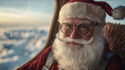 Portrait of Santa Claus traveling by plane