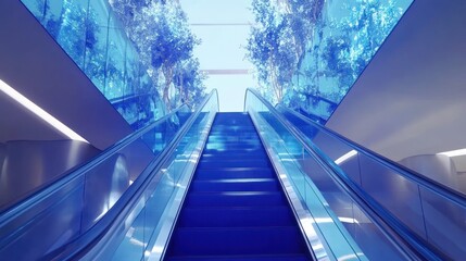 Fototapeta premium A modern escalator leads to a bright, blue-tinted space with greenery.