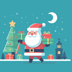 vector image of cute santa claus bringing gifts