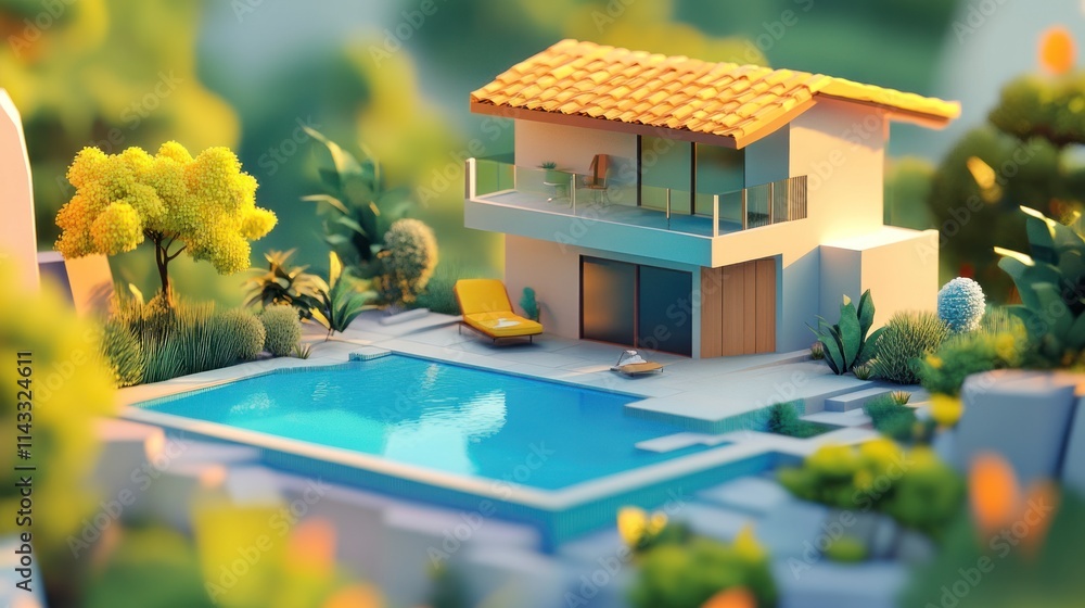 Aufkleber a modern house with a pool surrounded by greenery and a serene environment.