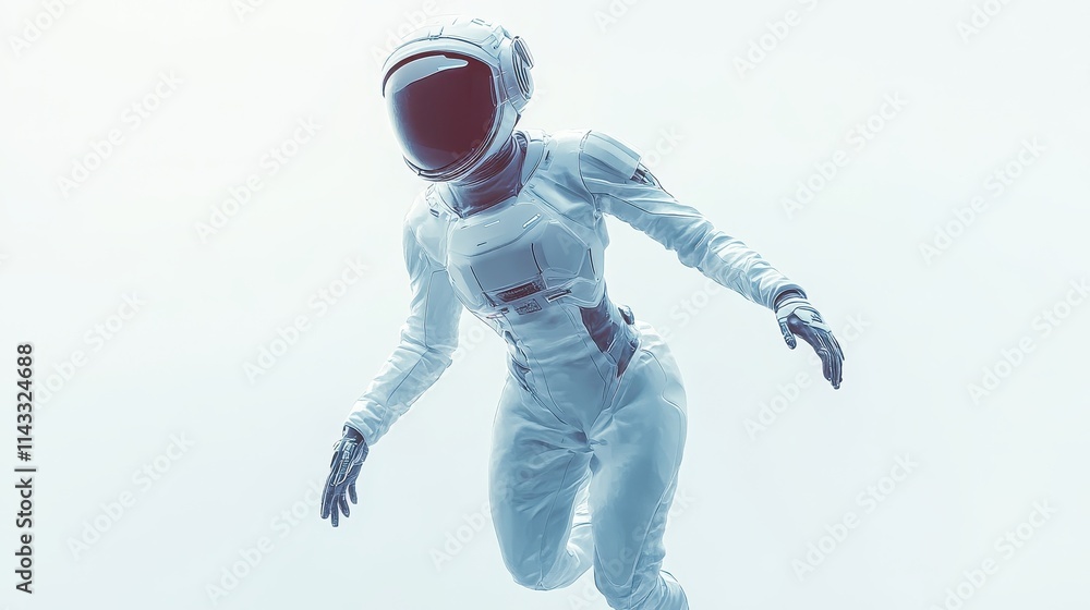 Poster futuristic character design of a floating avatar set against a white background for tech visuals.