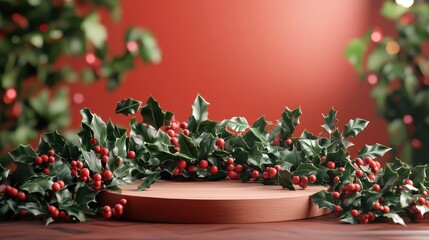 Fototapeta premium Podium with holly and ivy, festive atmosphere, 3D illustration