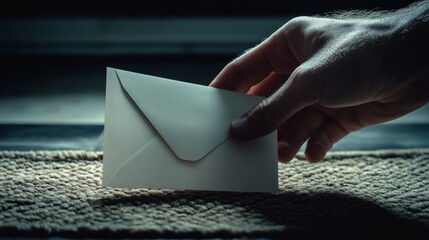 37.A close-up of a manâ€™s hand grasping the edge of a white envelope on a doormat, with soft natural lighting highlighting the moment and the envelopeâ€™s subtle texture, creating a sense of