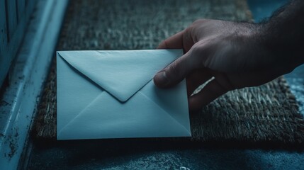 37.A close-up of a manâ€™s hand grasping the edge of a white envelope on a doormat, with soft natural lighting highlighting the moment and the envelopeâ€™s subtle texture, creating a sense of