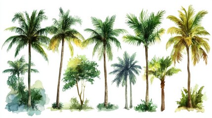 Watercolor tropical trees set. Palm tree in green color isolated on white background. Vintage coconut and banana trees. Floral tropical jungle. Generative Ai.