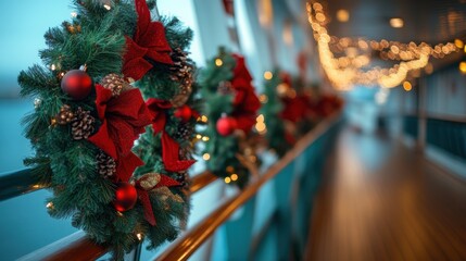Christmas wreaths line a railing on a festive cruise ship deck, adding holiday cheer to the surroundings, A luxurious cruise ship decked out in holiday decorations and festive ornaments